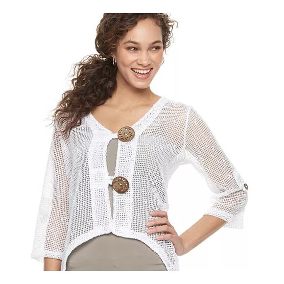 Nina Leonard Oatmeal Button Knit Mesh Cardigan 3/4 Sleeve Sweater Size L - Picture 1 of 6